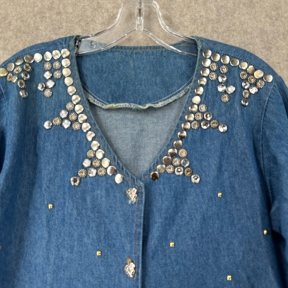 VTG Womens Studded Maxi Denim Dress Sz‎ LARGE Heart Buttons Long Sleeve V-Neck - Picture 5 of 11